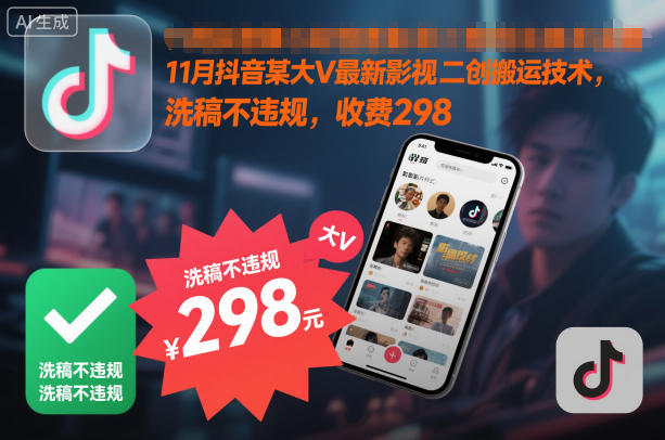 11月抖音某大V最新影视二创搬运技术，洗稿不违规，收费298-繁星源码网