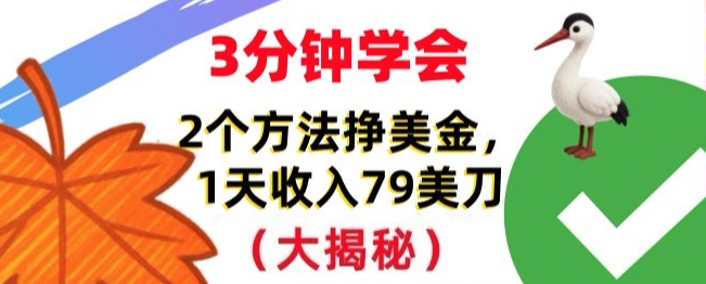 免费挣美刀的2个方法，1天收入79刀，超简单，3分钟学会-繁星源码网