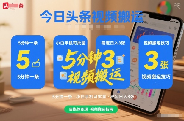 今日头条视频搬运，5分钟一条，小白手机可批量，稳定日入3张-繁星源码网