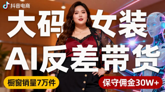 抖音小众赛道，大码女装AI反差带货，不用直播，每天6条作品，橱窗卖7万件，保守佣金30W+-文梦源码网